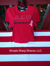 Load image into Gallery viewer, Red Tee with Bling DST Survivor & Bling Cancer Ribbon theme Theme