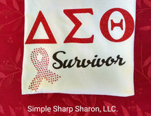 Load image into Gallery viewer, White tee with DST Survivor & Cancer ribbon theme