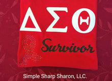 Load image into Gallery viewer, Red Tee with DST Survivor & Cancer Ribbon theme