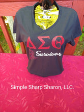 Load image into Gallery viewer, Black Tee with DST Cancer Survivor and Bling Ribbon Theme