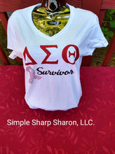 Load image into Gallery viewer, White tee with DST Survivor & Cancer ribbon theme