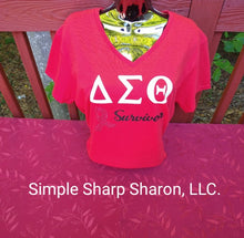 Load image into Gallery viewer, Red Tee with DST Survivor & Cancer Ribbon theme