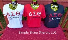 Load image into Gallery viewer, Red Tee with DST Survivor & Cancer Ribbon theme