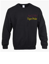 Load image into Gallery viewer, Black Sweatshirt with AGWTP embroidery in maroon and yellow gold thread