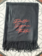 Load image into Gallery viewer, Black Pashmina Wool Blend Scarf with DST theme