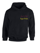Load image into Gallery viewer, Black Hoodie with AGWTP embroidery in maroon and yellow gold thread