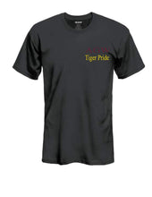 Load image into Gallery viewer, Black Tshirt with AGWTP embroidery in maroon and yellow gold thread