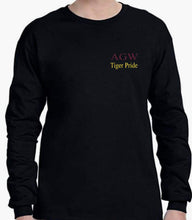Load image into Gallery viewer, Black Long Sleeve Shirt with AGW embroidery in maroon thread and Tiger Pride in yellow gold