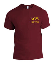 Load image into Gallery viewer, Maroon Tshirt with AGWTP embroidery in yellow gold thread