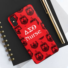 Load image into Gallery viewer, Phone Case in Red with DST Crest in Black with DST Nurse Theme
