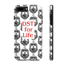 Load image into Gallery viewer, Phone Case in White with the DST Crest in Black and DST for Life in Red
