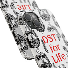 Load image into Gallery viewer, Phone Case in White with the DST Crest in Black and DST for Life in Red
