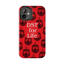 Load image into Gallery viewer, Phone Case in Red with DST Crest in Black with DST for Life in White
