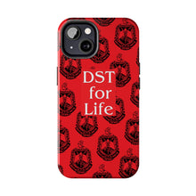 Load image into Gallery viewer, Phone Case in Red with DST Crest in Black with DST for Life in White
