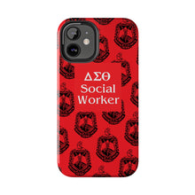 Load image into Gallery viewer, Phone Case in Red with DST Crest in Black with DST Social Worker Theme
