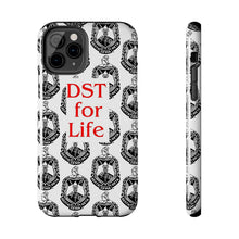 Load image into Gallery viewer, Phone Case in White with the DST Crest in Black and DST for Life in Red
