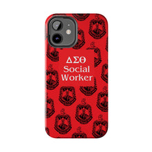 Load image into Gallery viewer, Phone Case in Red with DST Crest in Black with DST Social Worker Theme
