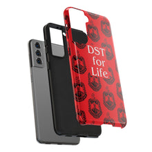 Load image into Gallery viewer, Phone Case in Red with DST Crest in Black with DST for Life in White
