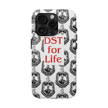 Load image into Gallery viewer, Phone Case in White with the DST Crest in Black and DST for Life in Red
