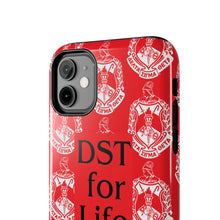 Load image into Gallery viewer, Phone Case in Red with DST Crest in White and DST for Life in Black
