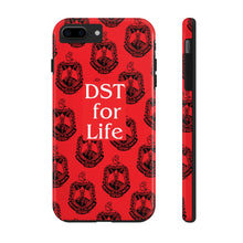 Load image into Gallery viewer, Phone Case in Red with DST Crest in Black with DST for Life in White
