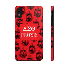 Load image into Gallery viewer, Phone Case in Red with DST Crest in Black with DST Nurse Theme
