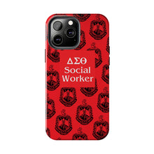 Load image into Gallery viewer, Phone Case in Red with DST Crest in Black with DST Social Worker Theme
