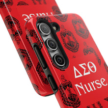 Load image into Gallery viewer, Phone Case in Red with DST Crest in Black with DST Nurse Theme
