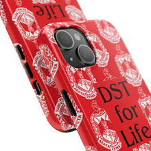 Load image into Gallery viewer, Phone Case in Red with DST Crest in White and DST for Life in Black
