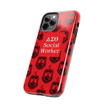 Load image into Gallery viewer, Phone Case in Red with DST Crest in Black with DST Social Worker Theme
