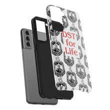 Load image into Gallery viewer, Phone Case in White with the DST Crest in Black and DST for Life in Red
