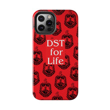 Load image into Gallery viewer, Phone Case in Red with DST Crest in Black with DST for Life in White
