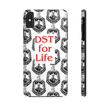 Load image into Gallery viewer, Phone Case in White with the DST Crest in Black and DST for Life in Red
