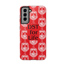 Load image into Gallery viewer, Phone Case in Red with DST Crest in White and DST for Life in Black
