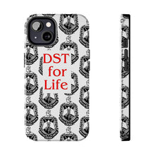 Load image into Gallery viewer, Phone Case in White with the DST Crest in Black and DST for Life in Red
