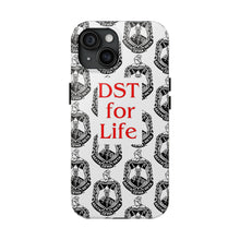 Load image into Gallery viewer, Phone Case in White with the DST Crest in Black and DST for Life in Red
