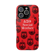 Load image into Gallery viewer, Phone Case in Red with DST Crest in Black with DST Social Worker Theme
