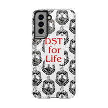 Load image into Gallery viewer, Phone Case in White with the DST Crest in Black and DST for Life in Red
