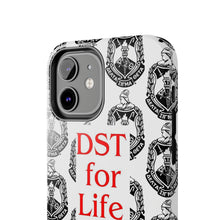 Load image into Gallery viewer, Phone Case in White with the DST Crest in Black and DST for Life in Red
