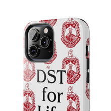 Load image into Gallery viewer, Phone Case in White with DST Crest in Red and DST for Life in Black
