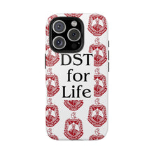 Load image into Gallery viewer, Phone Case in White with DST Crest in Red and DST for Life in Black
