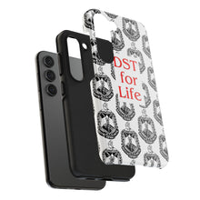 Load image into Gallery viewer, Phone Case in White with the DST Crest in Black and DST for Life in Red
