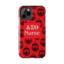 Load image into Gallery viewer, Phone Case in Red with DST Crest in Black with DST Nurse Theme
