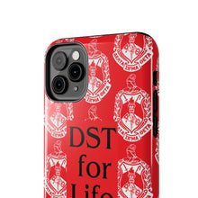 Load image into Gallery viewer, Phone Case in Red with DST Crest in White and DST for Life in Black
