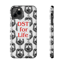 Load image into Gallery viewer, Phone Case in White with the DST Crest in Black and DST for Life in Red
