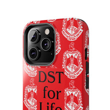 Load image into Gallery viewer, Phone Case in Red with DST Crest in White and DST for Life in Black
