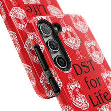 Load image into Gallery viewer, Phone Case in Red with DST Crest in White and DST for Life in Black
