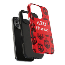 Load image into Gallery viewer, Phone Case in Red with DST Crest in Black with DST Nurse Theme
