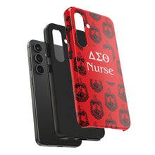 Load image into Gallery viewer, Phone Case in Red with DST Crest in Black with DST Nurse Theme
