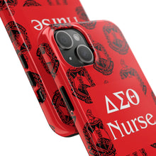 Load image into Gallery viewer, Phone Case in Red with DST Crest in Black with DST Nurse Theme
